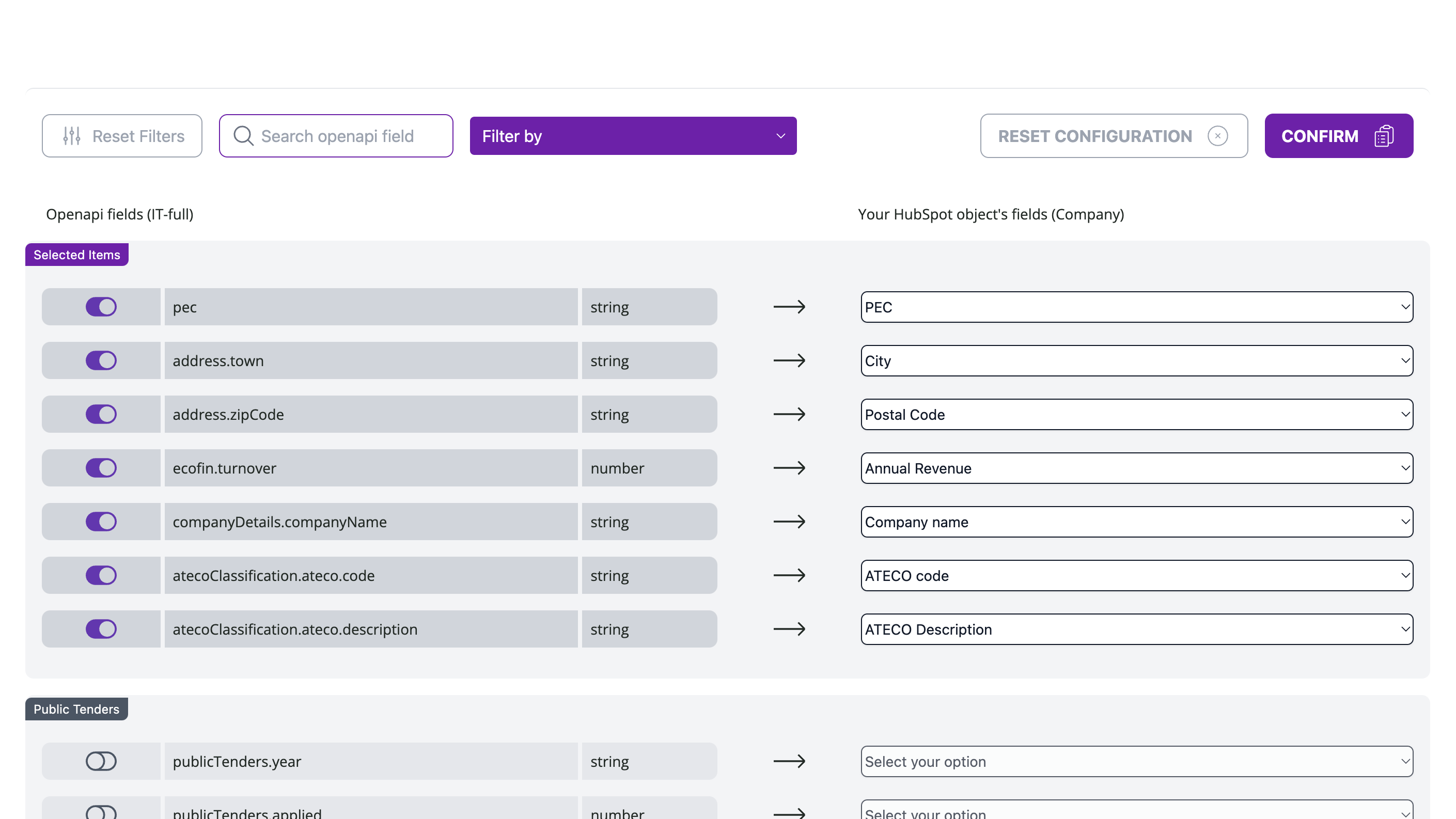 Configure mappings between HubSpot properties and Openapi data